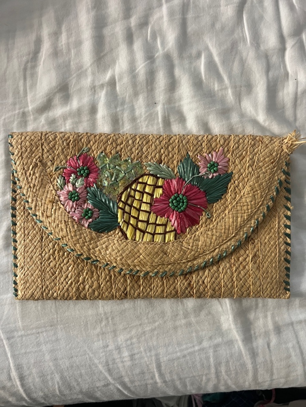 Woven Straw Floral Embroidered Clutch - Natural with Pink & Green Lilly Pulitzer